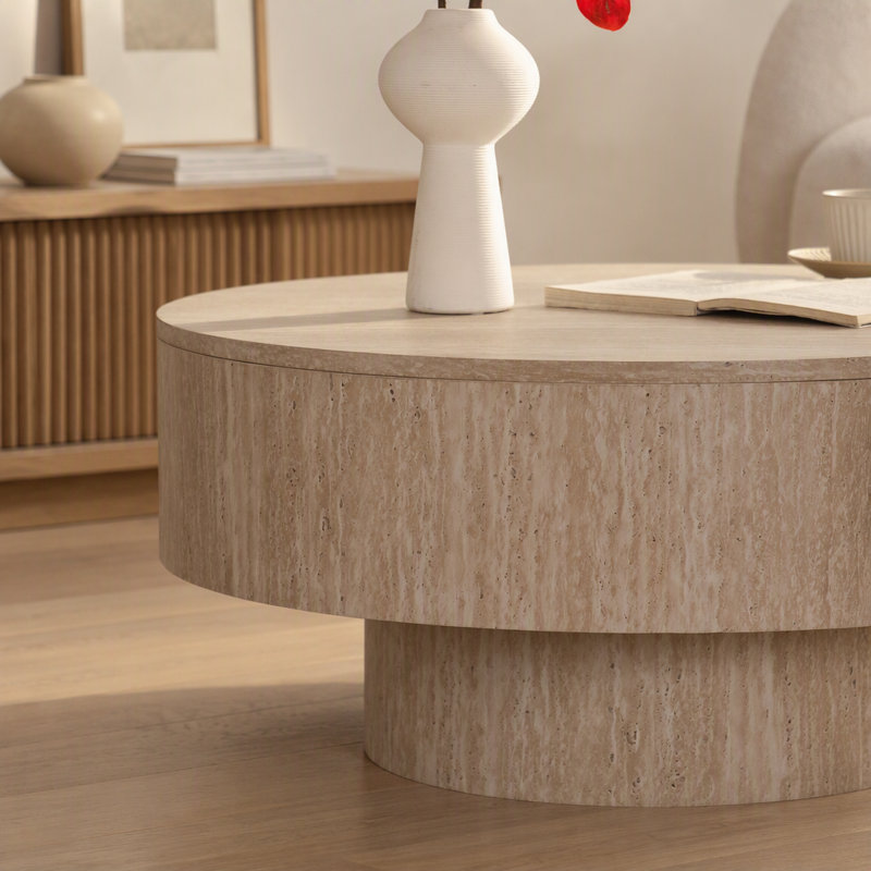 Table basse ronde de rangement avec finition beige travertin, couvercle amovible et rangement dissimulé