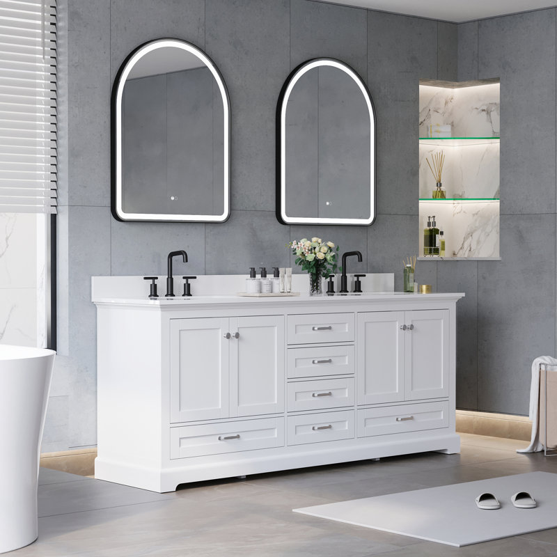 Meuble-lavabo de salle de bain en bois massif, 203 cm (L) x 87 cm (H), avec comptoir en marbre synthétique blanc pur et double lavabo, blanc