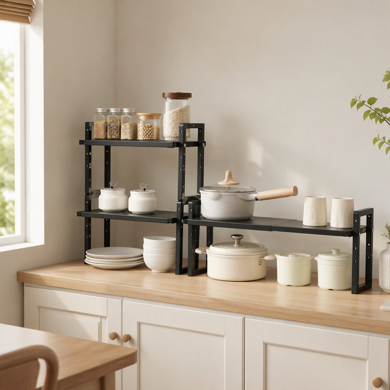 Étagère de rangement noire à double couche extensible, étagère de comptoir empilable, idéale pour les cuisines, les salles de bain, les bureaux et les garde-manger.