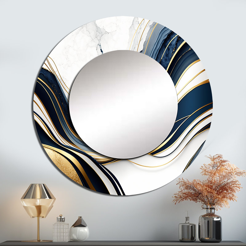 Pratibha abstrait géométrique vagues bleues et dorées III - grand miroir abstrait, miroir mural décoratif moderne, art imprimé en métal
