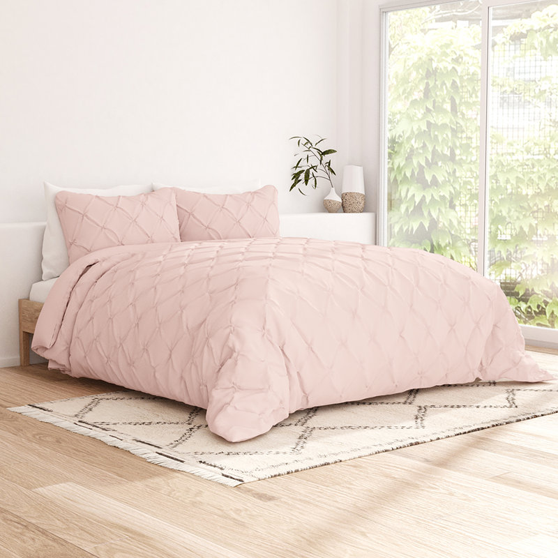 Duvet Cover Set Pinch Pleat Microfiber Ultra Soft Bedding, King Duvet Cover + 2 Standard Shams, Pink