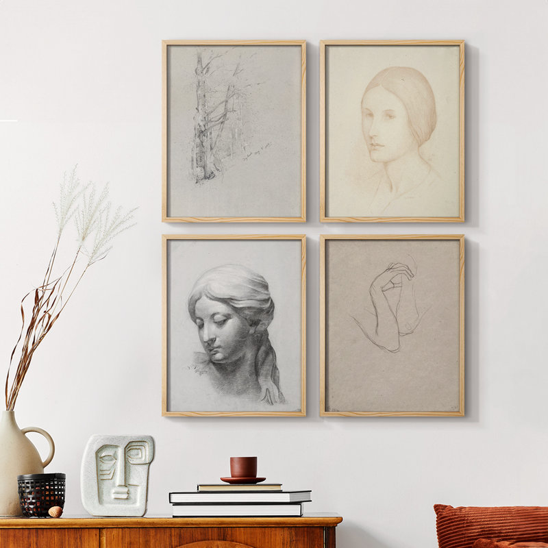 "Croquis rétro LVI", 4 pièces sur papier, Naturel, H 32 po x l 10 po