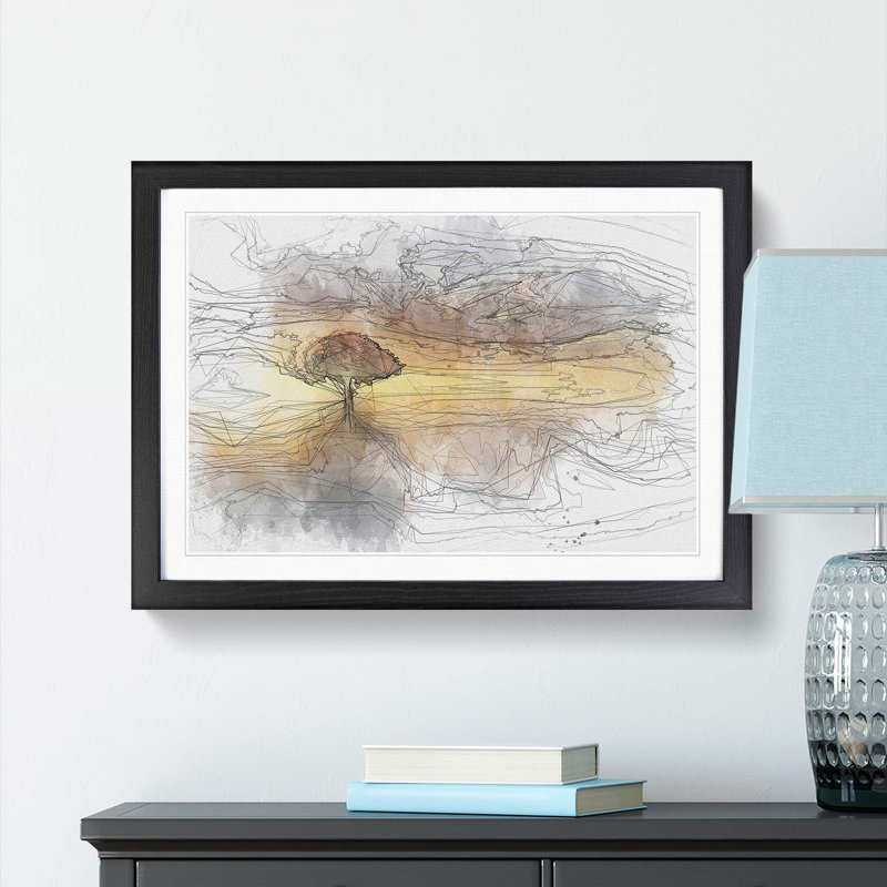 Flying Birds over a Lone Tree in Abstract - Picture Frame Graphic Art Print, Black, 50cm H x 76cm W x 2cm D