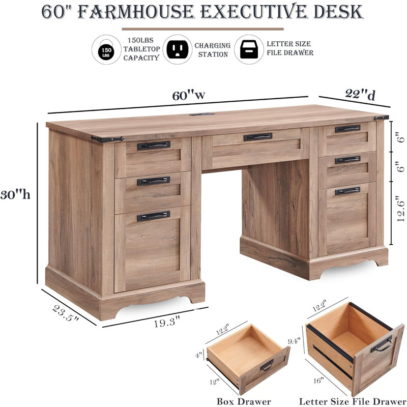 Bureau double caisson en bois massif et manufacturé avec station de charge Deserey, Chêne rustique naturel