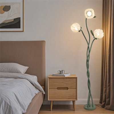 66 In. White Rustic Style 3-light Smart Dimmable Swing Arm Floor Lamp For Living Room With Resin Tulip-shaped Lampshade