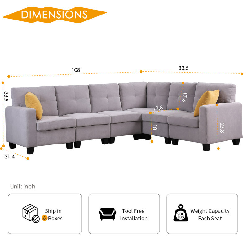 Upholstered Modern Modular Sofa, Light Gray Polyester Blend