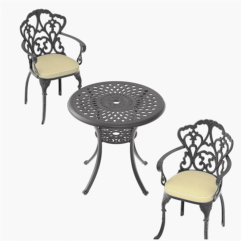 (Coussins de couleurs aléatoires) Ensemble de meubles de patio en aluminium coulé avec coussins 3 pièces