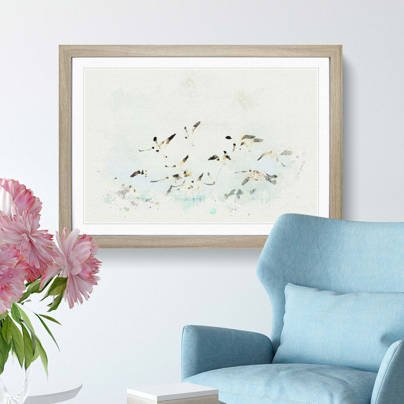 Flock of Seagulls over the Sea in Abstract - Picture Frame Graphic Art Print on MDF, 36cm H x 48cm W x 2cm D, Oak Framed