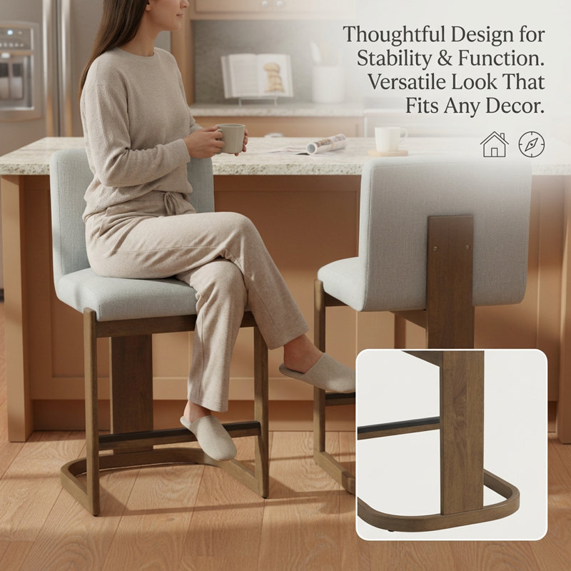 Set of 2 Counter Height Bar Stools with Solid Wood Frame and Upholstered Seating