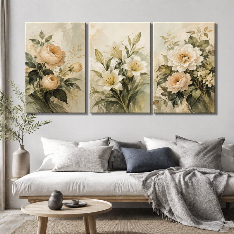 Tableau mural à 3 panneaux, bouquet floral de pivoines et de lys vintage, impression sur toile tendue, 20 * 30 pouces * 3