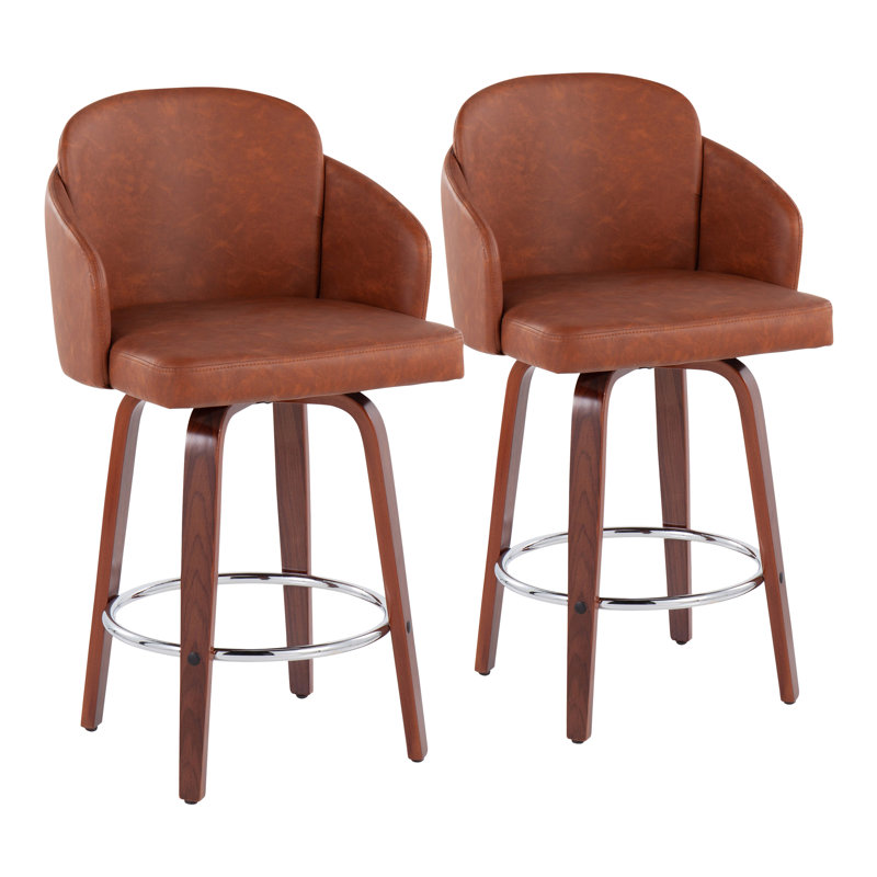 Violetta Swivel Upholstered Counter Stool, Walnut, Camel Faux Leather