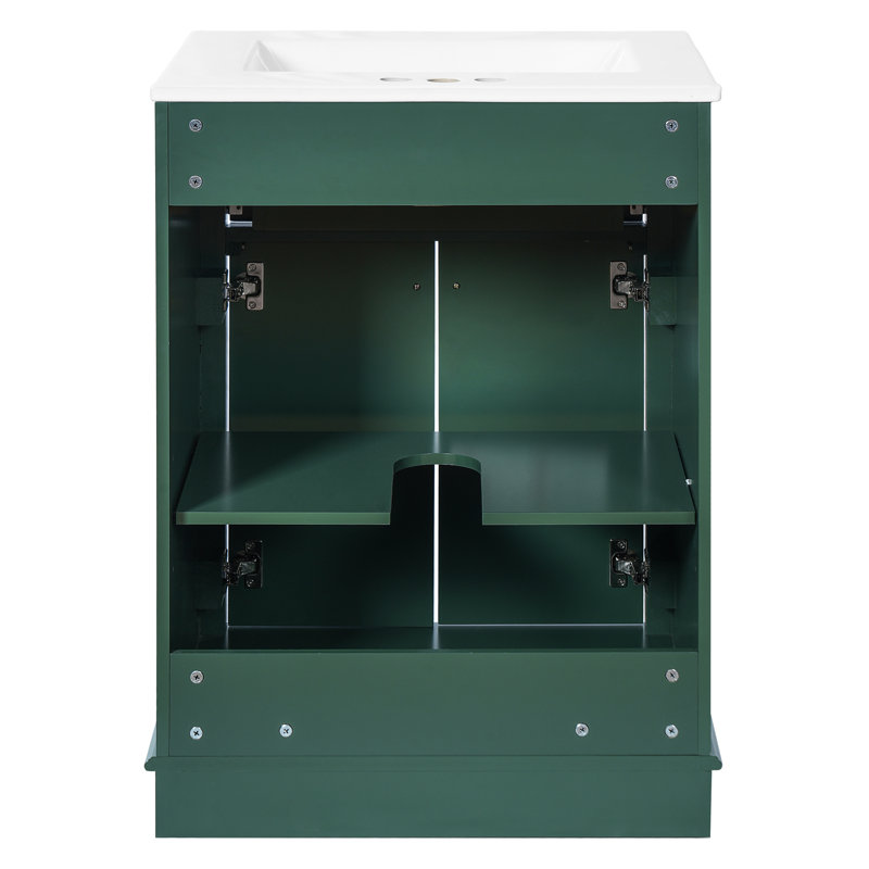 Meuble-lavabo de 61 cm (24 po) avec lavabo en céramique, 2 portes, 1 tiroir basculant, design compact, esthétique contemporaine, quincaillerie assortie, armoire intégrée à 2 portes, style moderne