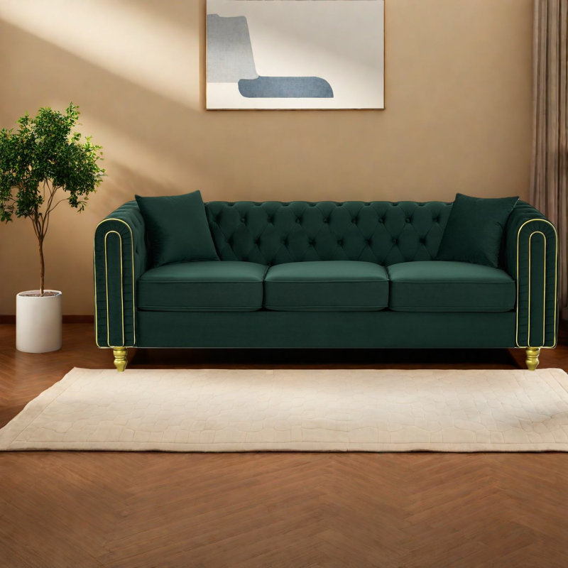 Ensemble de canapés modernes 3 pièces Chesterfield en velours vert pour famille