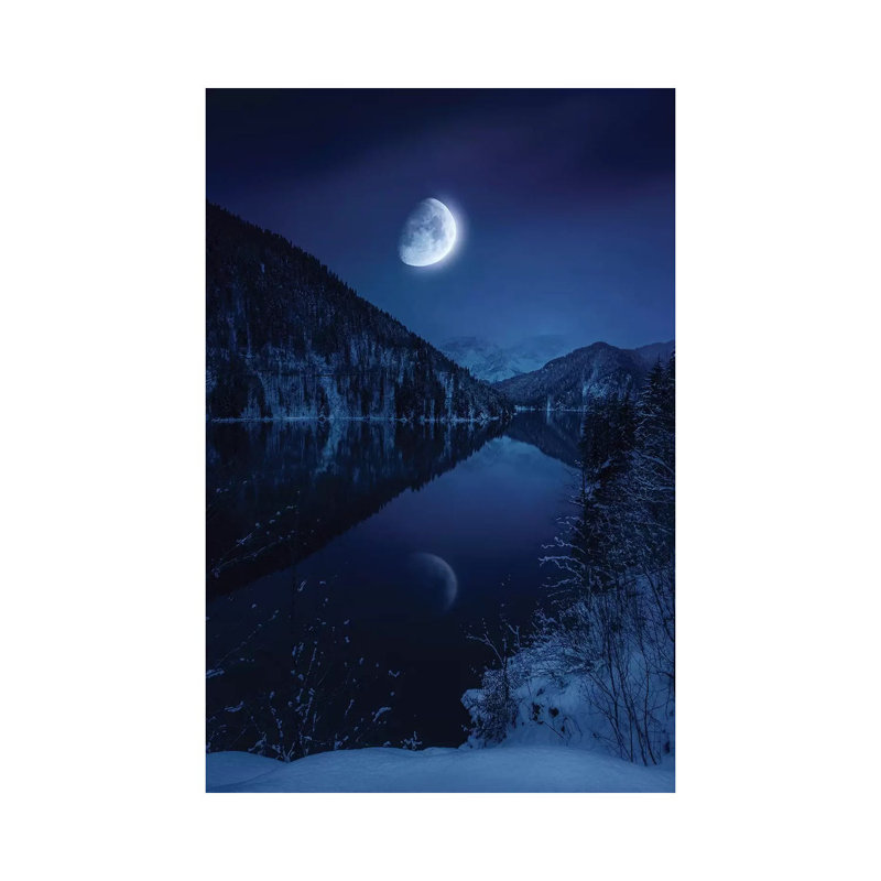 Moon Rising Over Tranquil Lake In Misty Mountains by Evgeny Kuklev - Wrapped Canvas Print, 101.6cm H x 66.04cm W x 1.905cm D
