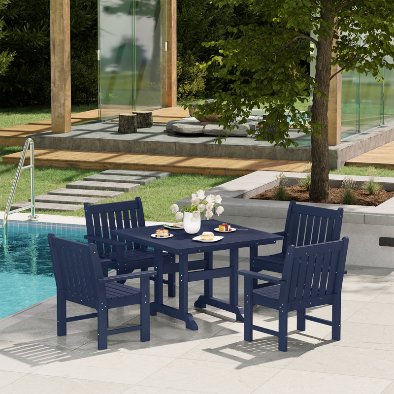 Laguna Poly 5-Piece Square Table Garden Arm Chair Dining Set, Navy Blue