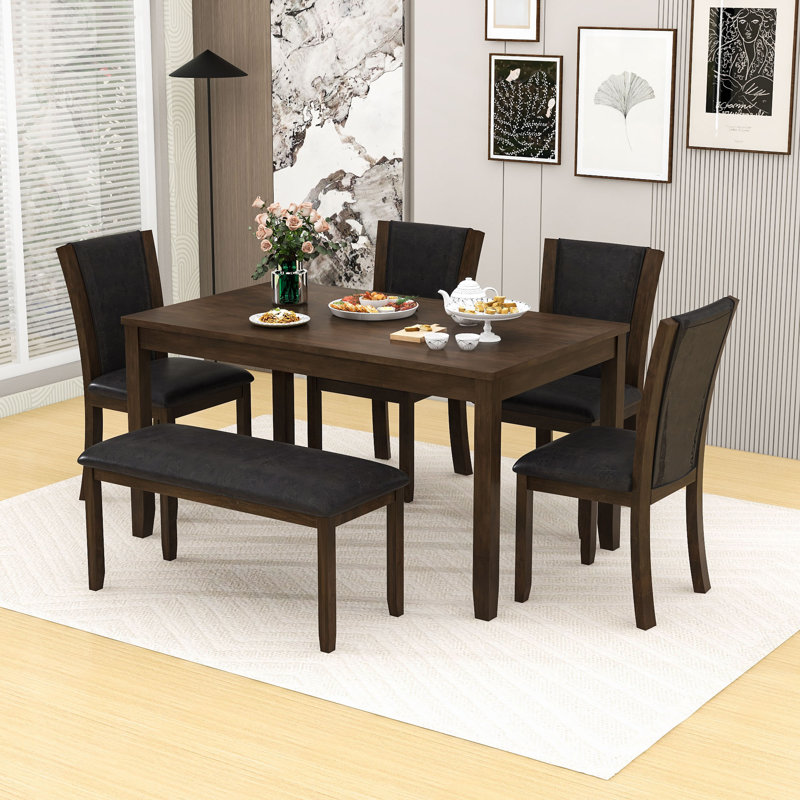 Ensemble de table de salle à manger 6 pièces avec table rectangulaire, banc et 4 chaises rembourrées Farmhouse, Noyer foncé