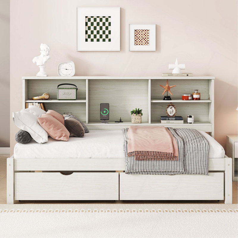 Cadre de lit simple avec tablettes latérales, deux tiroirs et port USB intégré pour une couleur blanc crème