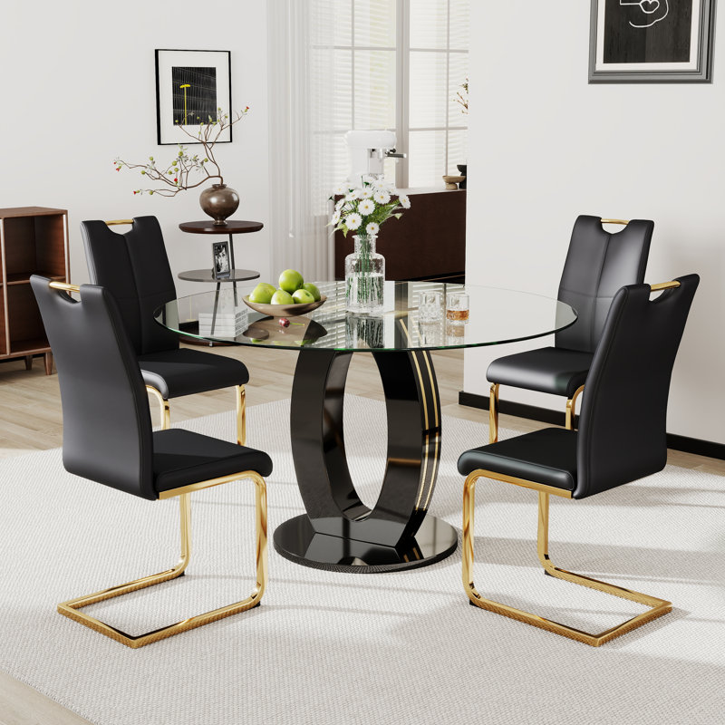 Ensemble de table de salle à manger haute brillance pour 4 à 6 personnes, Noir et or, 5, Noir