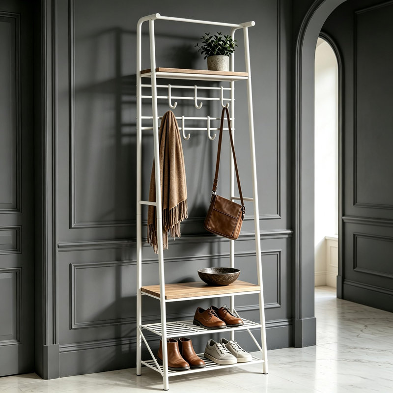 Portemanteau autoportant 4 en 1 pour vestibule, portemanteau avec tringle, tablettes de rangement pour chaussures et banc rembourré, panneau de particules avec structure en métal noir robuste