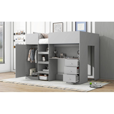 Lit mezzanine double en bois avec garde-robe intégrée, bureau, tablettes de rangement et tiroirs