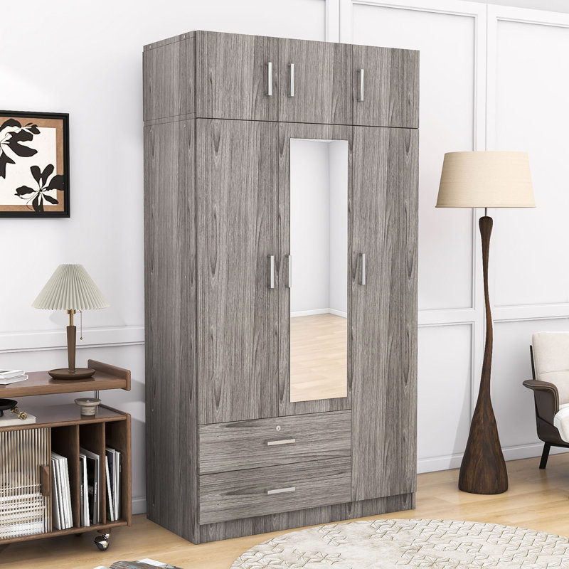 Armoire autoportante élégante avec miroir pleine longueur, tiroir verrouillable et armoire supérieure Mhapankar, Gris