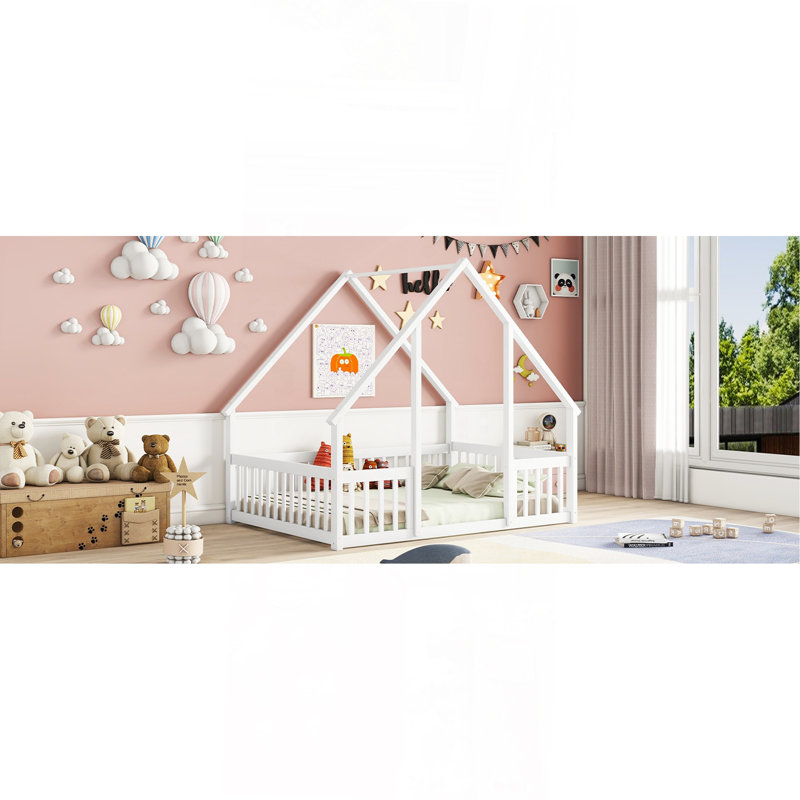 Full Wood House-Shaped Floor Bed With Fence, Guardrails,White, Full, White