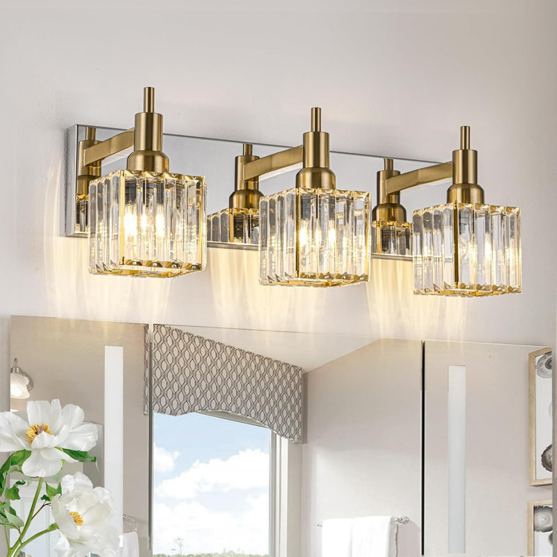 Luminaire de salle de bain moderne en cristal avec finition chromée dorée, applique murale à 3 lumières pour miroir, à intensité variable et facile à installer