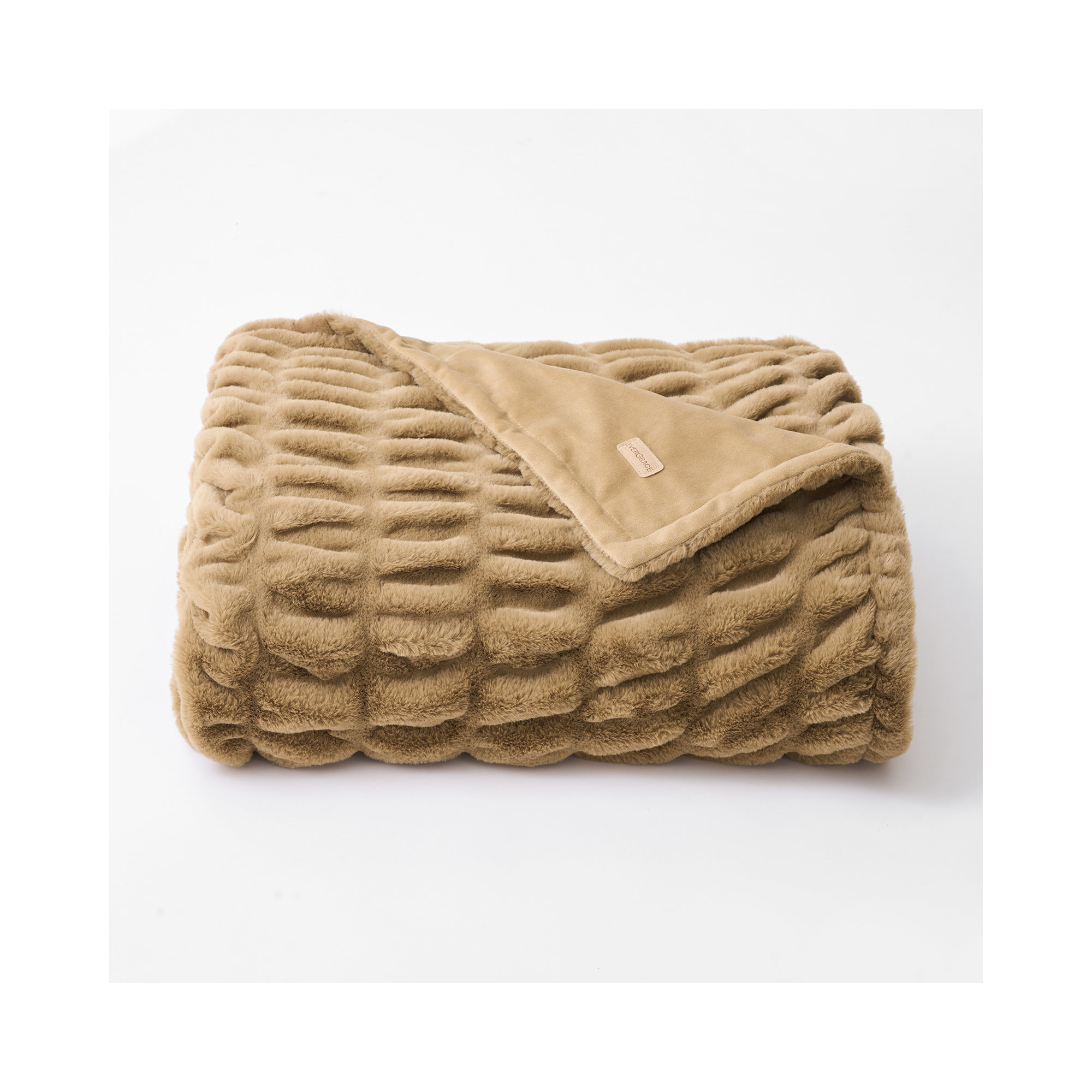 Ruched Bubble Faux Fur Throw Blanket, Camel, 50" W x 60" L