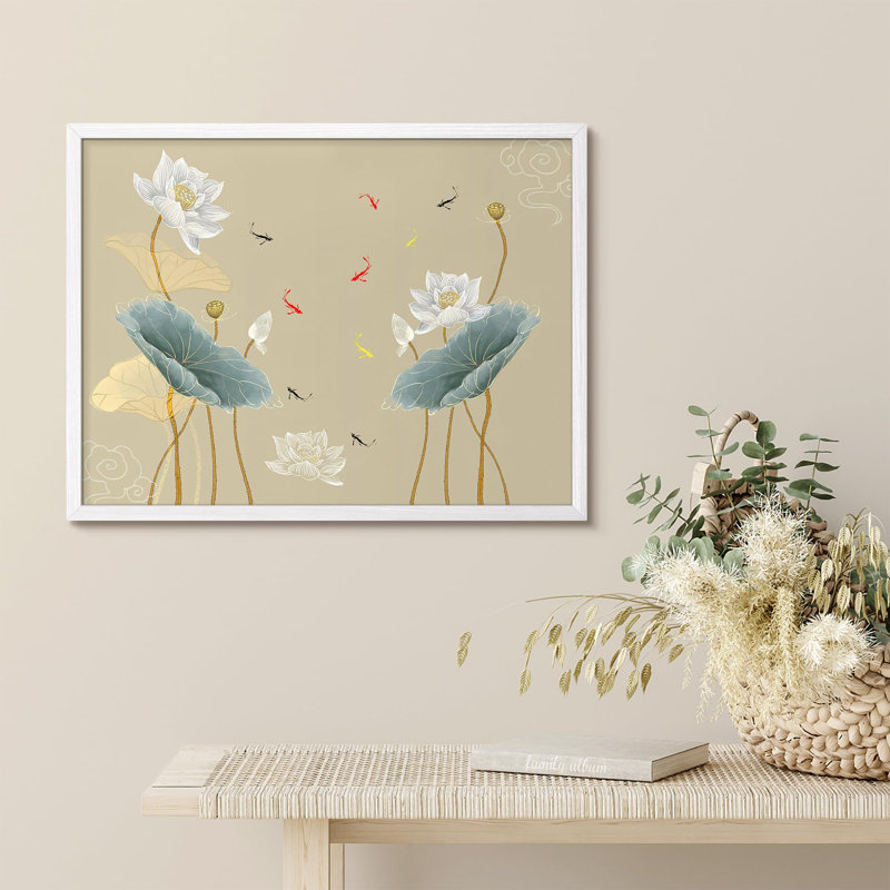 «Delicate Lotus Flowers and Playful Koi Fish in Asian-Inspired Design Prints», affiche encadrée rustique, Blanc