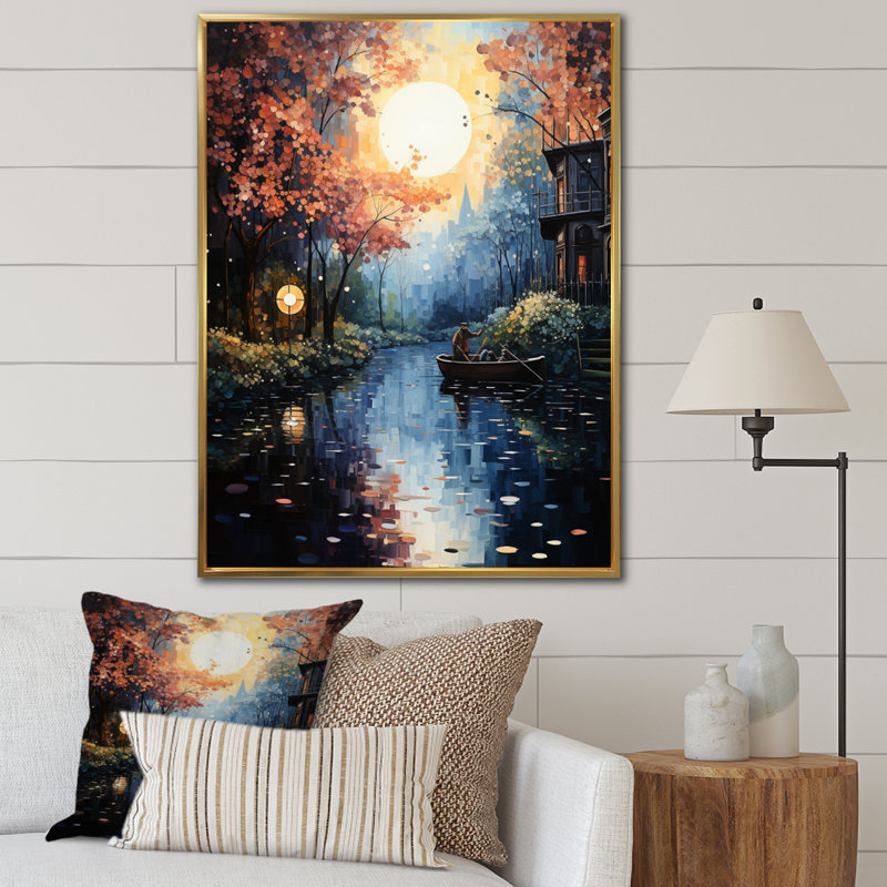 Sempronius, canal jaune, fantaisie pointillisme - impression, Cadre flottant doré, H 20 po x l 12 po x P 1 po