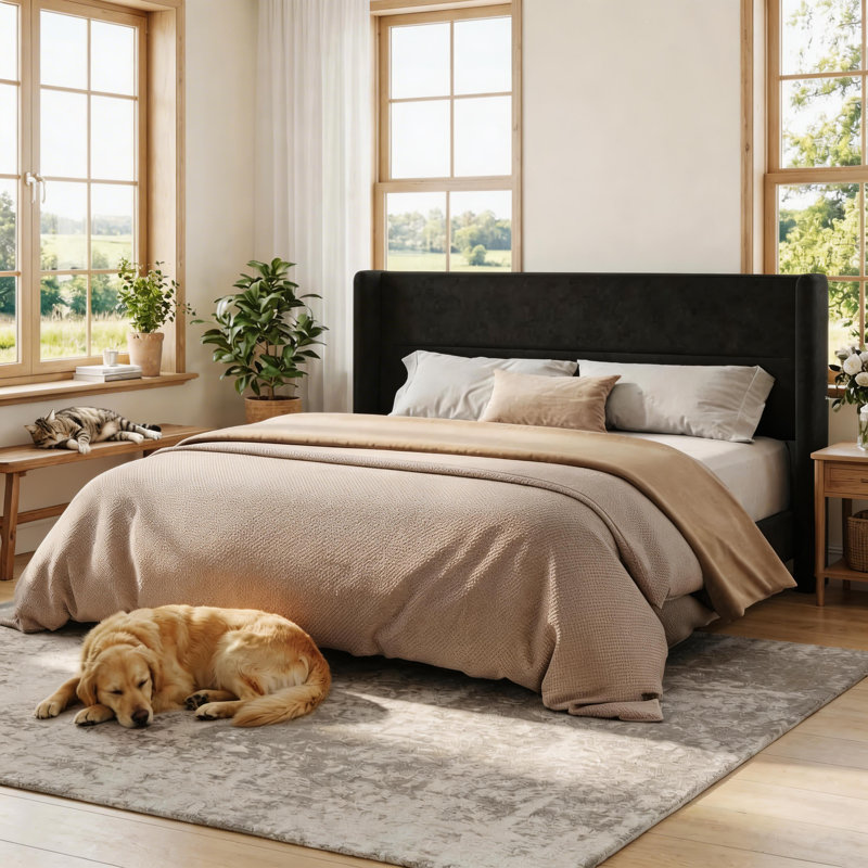 King Size Bed Frame with Wingback Headboard, Velvet Upholstered Platform Bed Frame with Sturdy Wooden Slats Support, No Box Spring Needed, Easy Assembly, Black