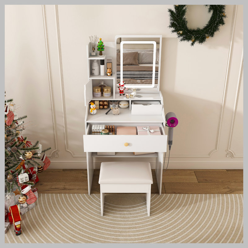 Miroir de coiffeuse 3 couleurs à DEL avec tabouret, coiffeuse rose pour la chambre à coucher, 2 tiroirs et 5 armoires de rangement (4 ouvertes + 1 cachée), éclairage réglable (blanc)