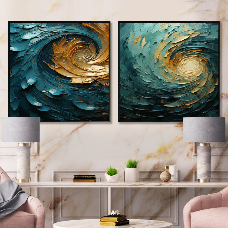 Majestic Motion Teal Spiral - Ensemble de 2 collages carrés abstraits en spirale, Cadre flottant noir, H 16 po x l 33 po