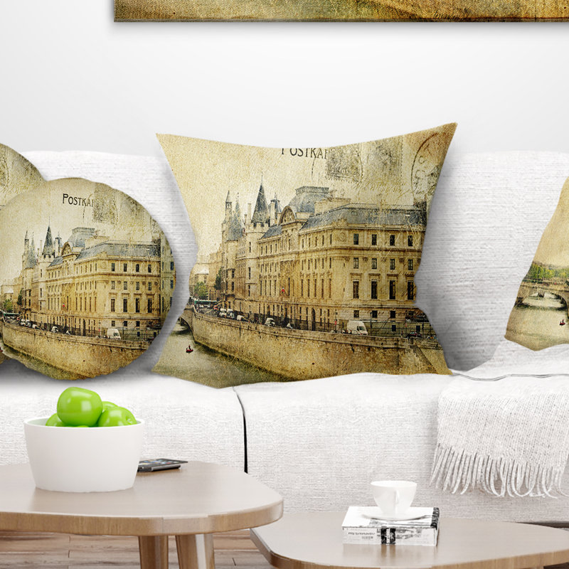 Old Parisian Cartes - Coussin imprimé paysage urbain, 18 po x 18 po, Coussin décoratif