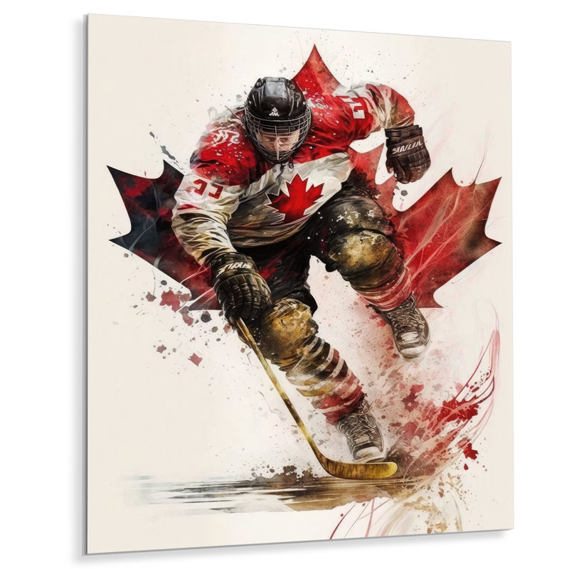 Joueur de hockey canadien en action II - décoration murale moderne en métal, H 32 po x l 24 po x P 1 po
