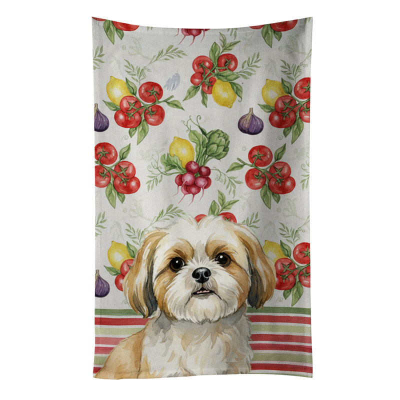 Gold and White Shih Tzu Vegetables Kitchen Towel, Gold/White Shih Tzu