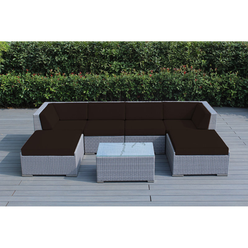 Billyjo Wicker 4 - Person Seating Group with Cushions - No Assembly, Canvas Sunflower Yellow Sunbrella® Canvas, Gray