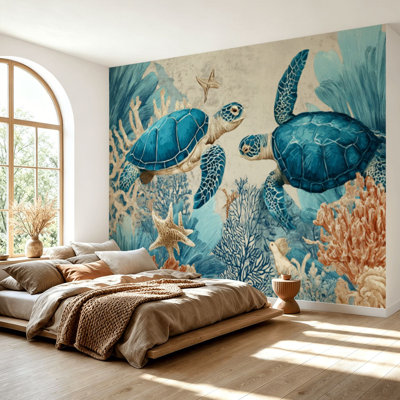 Papier peint pelez et collez tortues de mer nageant parmi des éléments de corail Art nautique, papier autocollant amovible, décoration murale pour salon Chambre à coucher H 69 po x l 96 po