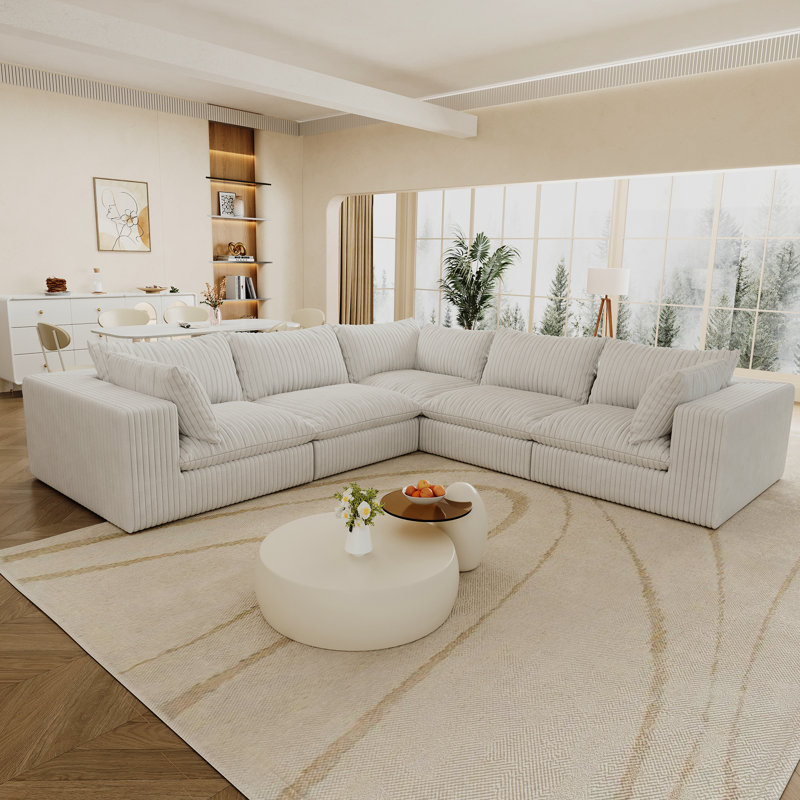 Nuage blanc à 5 places avec dimensions de produit de 118,2 po, tissu en velours côtelé, conception à deux couches, coussin amovible, sans assemblage, confort rembourré de plumes, support en éponge pure, compression à haute densité pour