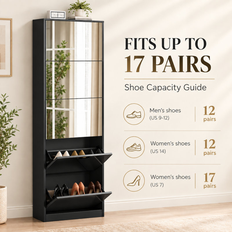 Modern Shoe Storage Cabinet with Mirror for Narrow Corridor and Entryway, Black