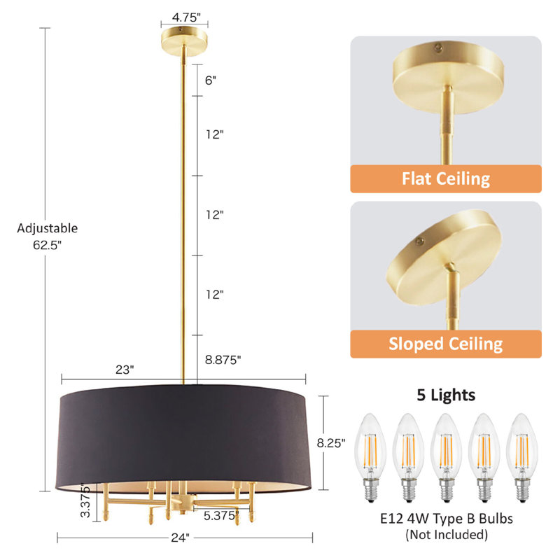 Presidio 5-Light Dimmable Chandelier with Drum-shaped Fabric Shade & Adjustable Height