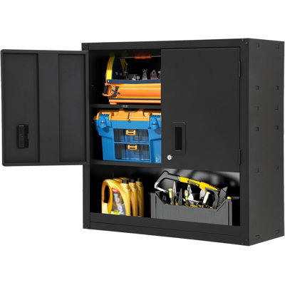 Armoire murale de garage avec serrure, casier mural en acier robuste avec tablette réglable et portes magnétiques, rangement pour outils pour entrepôt, garage, bureau, cuisine, noir
