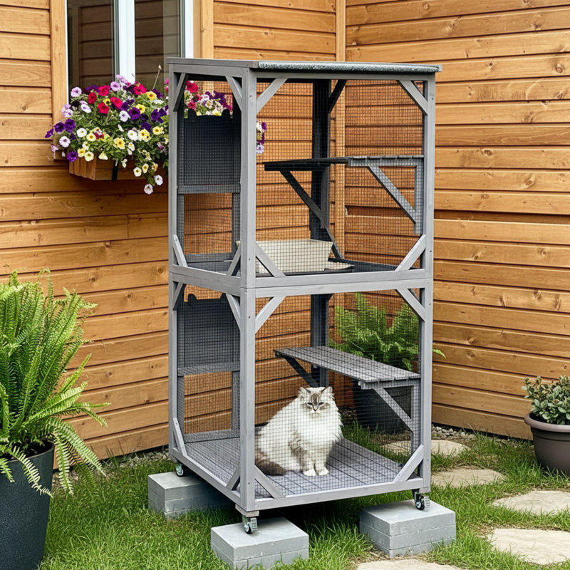 La maison mobile d'extérieur pour chat avec roues, la maison mobile pour chat et la cage sont livrées avec une boîte de repos améliorée et une housse imperméable.
