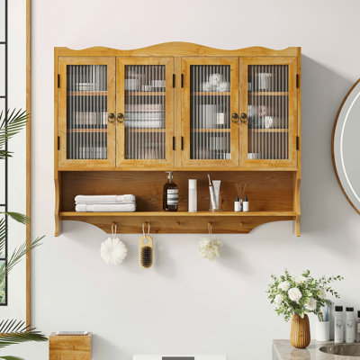 Armoire murale 39,37 po à 4 portes rétro, avec deux niveaux de rangement et un support à crochets ouverts, convient aux salles de bain, cuisines et salles à manger