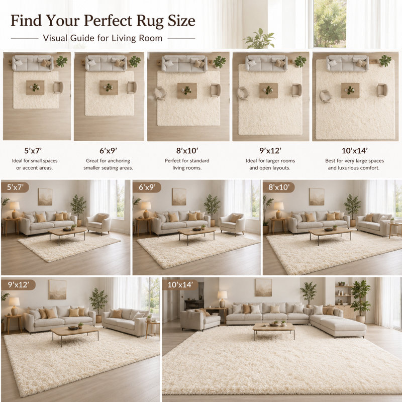 Ebern Designs Soft Fluffy Cream White Shag Area Rug for Living Room Bedroom Nursery Kids Room, Rectangle 10' x 14'
