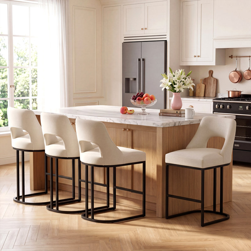 Tabouret de bar moderne à hauteur de comptoir 26,7 po avec structure en métal, Black, White