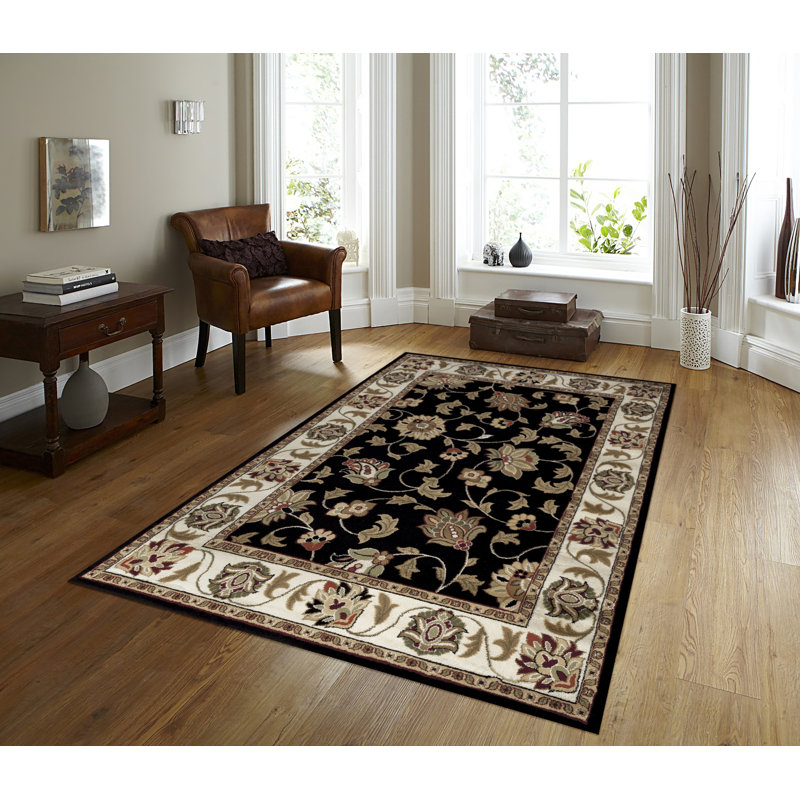 Tapis persan noir à motif floral, Rectangle 4 pi x 5 pi 3 po