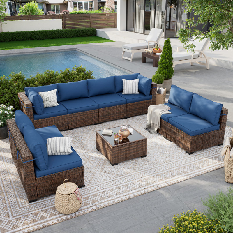 Ensemble de conversation modulaire en rotin avec table basse, Bleu