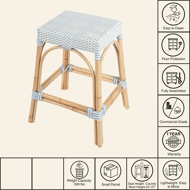 Robias Rattan Bar & Counter Stool, White/Sky Blue Dot / Natural Rattan Frame, Counter Stool (24.5" Seat Height)