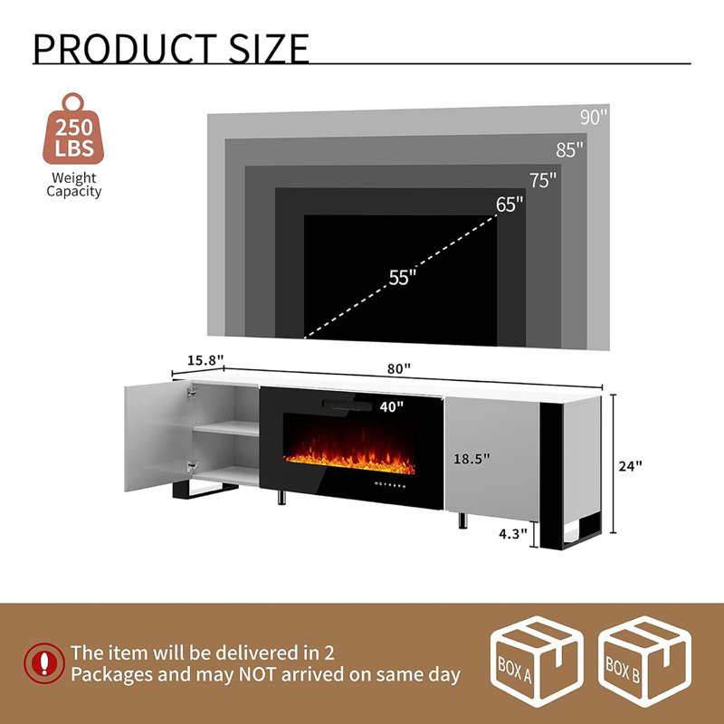 Pittston Unfinished with Fireplace Included, White/Black, 80"